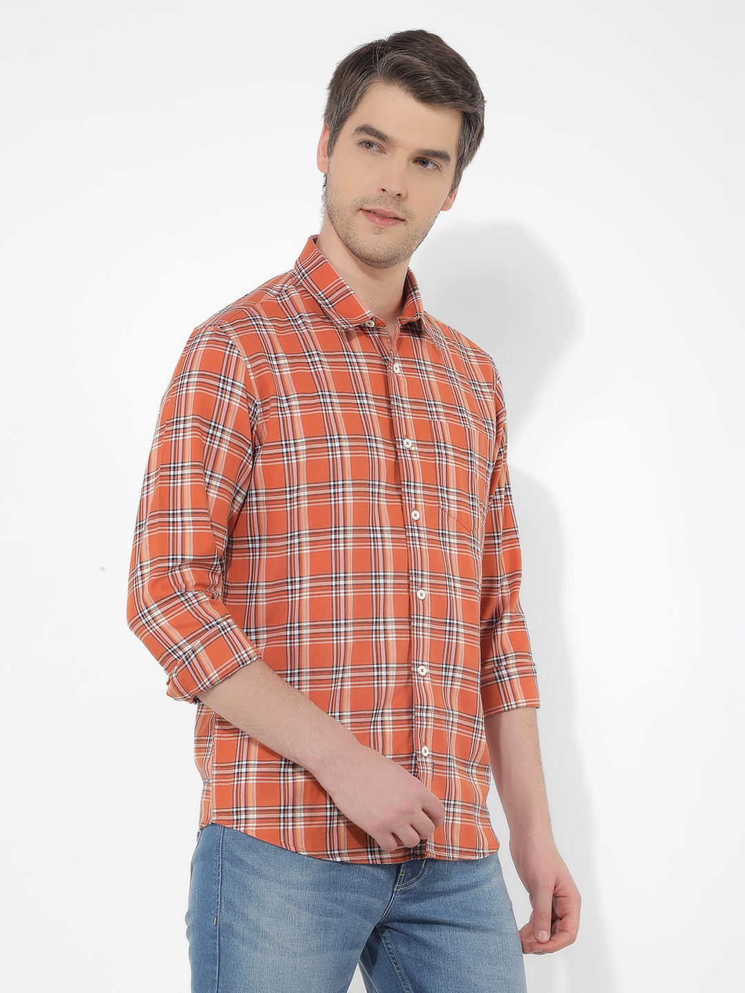 Numero Uno Men Checkered Orange Shirt